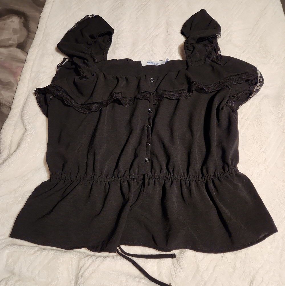 Velvet Black Ruffle Off-Shoulder Button-Front Blouse